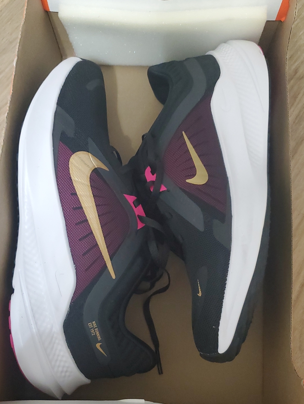 Nike Women's Black Burgundy Running Shoes with Gold Swoosh, New
